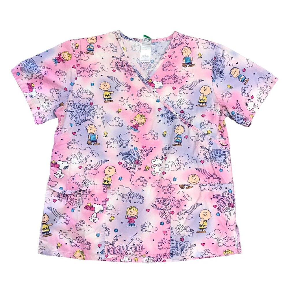 Peanuts M Charlie Brown Scrub Top Short Sleeve VNeck Pockets Snoopy Pink Purple
